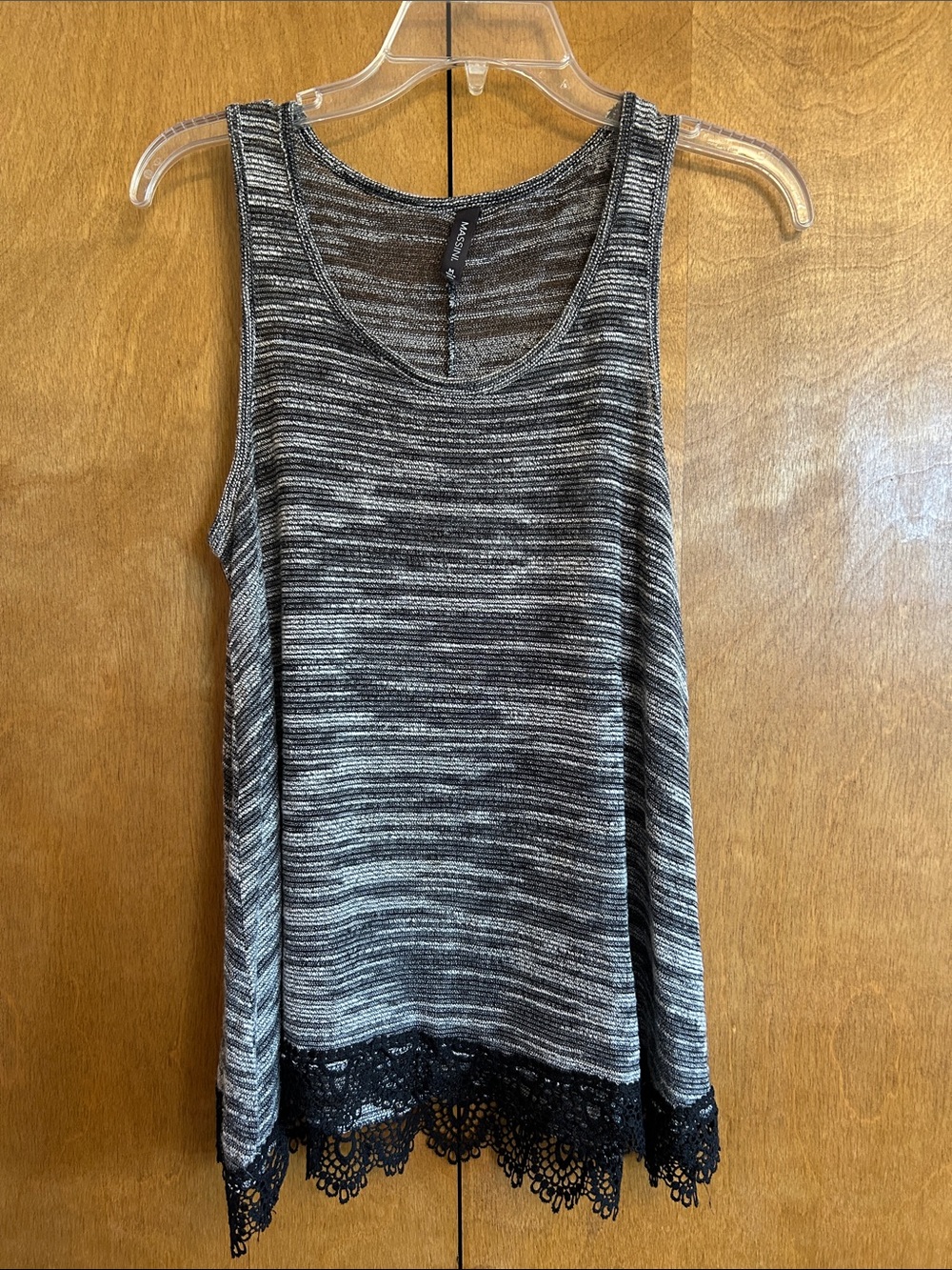 Massini Gray Striped Lace-Hem Tank Top - Women